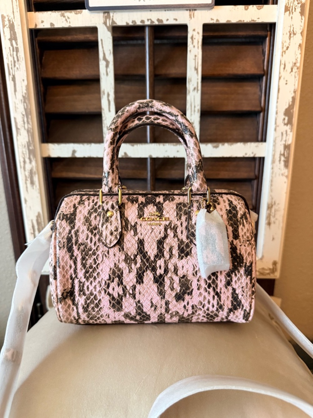 Coach Mini Rowan Crossbody Satchel in Pink Snakeskin